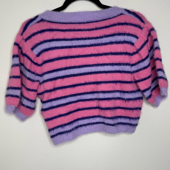 Beivy Short Sleeve Button Down Stripe Purple and Pink Eyelash Knit Sweater Small - Picture 3 of 9